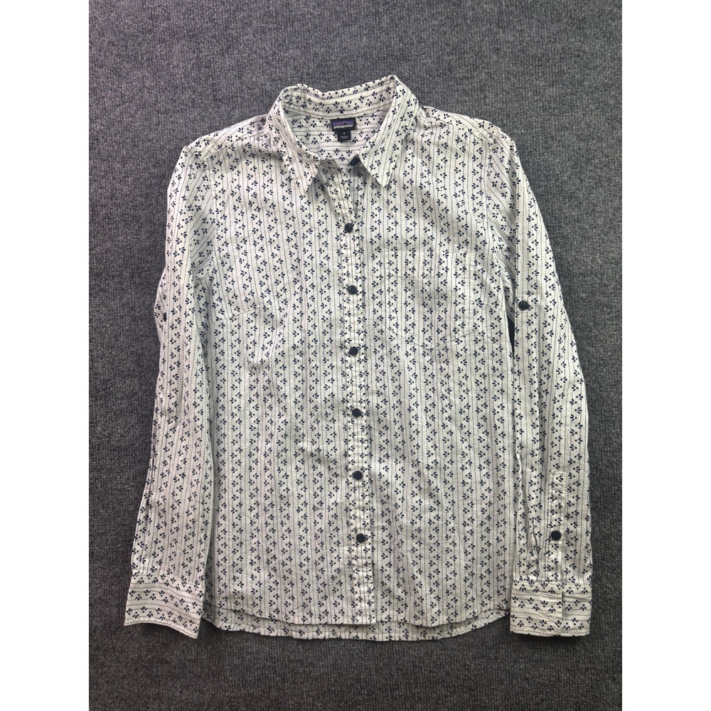 Patagonia Button Down Shirt Womens 4 White Blue Organic Cotton Roll Tab Sleeve